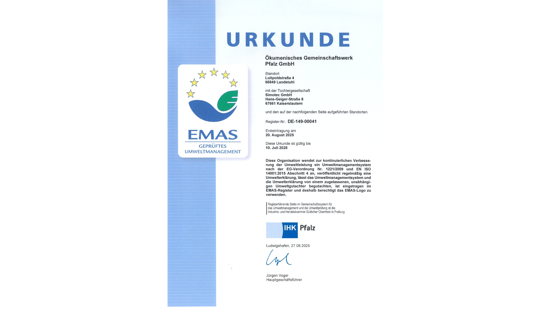 EMAS certification Simotec GmbH